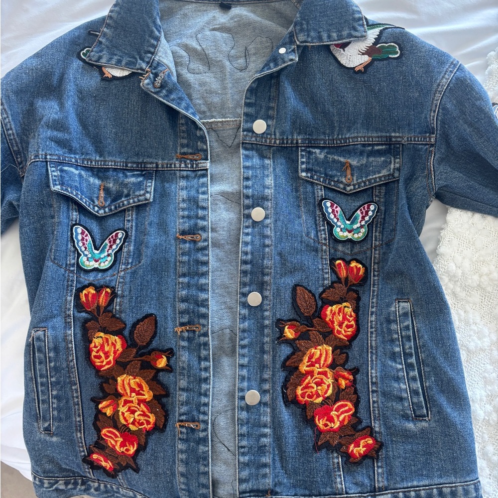 36.5 Oversized Embroidered Denim Jacket with Floral and Butterfly Design